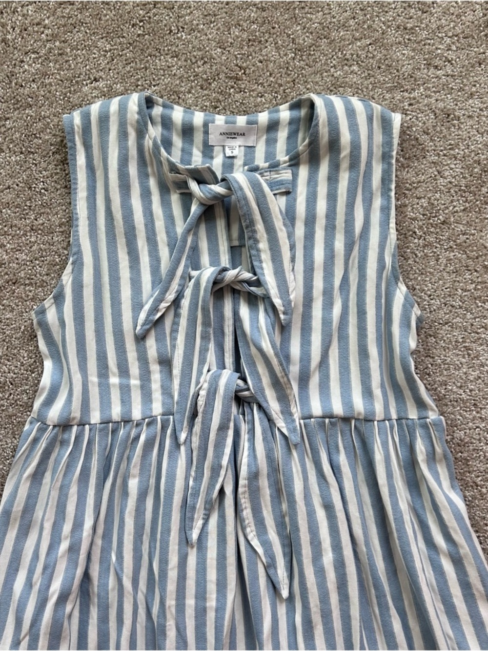 AnnieWear Blue Striped Tie Front Babydoll Dress Small Pockets Coastal Boho - Picture 3 of 8